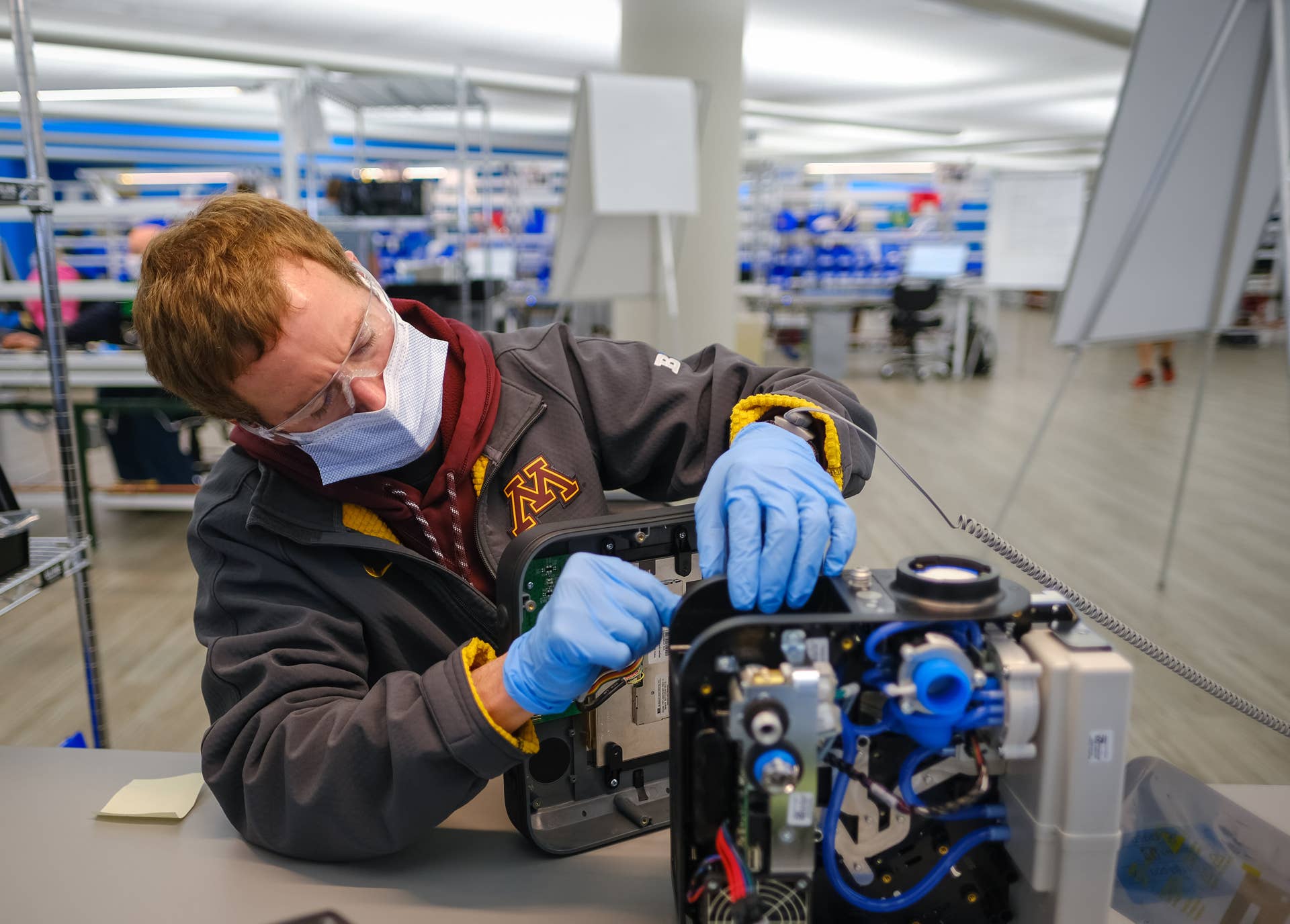 Workers build the first production ventilators at the General Motors manufacturing facility in Kokomo, Indiana, Monday, April 13, 2020. GM and Ventec Life Systems are partnering to produce Ventec critical care ventilators in response to the COVID-19 pandemic. (Photo by AJ Mast for General Motors)