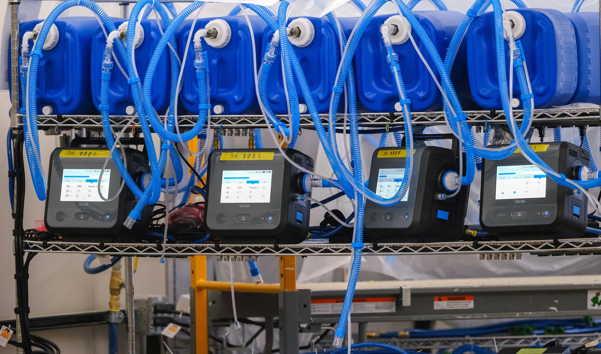 Workers build the first production ventilators at the General Motors manufacturing facility in Kokomo, Indiana, Monday, April 13, 2020. GM and Ventec Life Systems are partnering to produce Ventec critical care ventilators in response to the COVID-19 pandemic. (Photo by AJ Mast for General Motors)