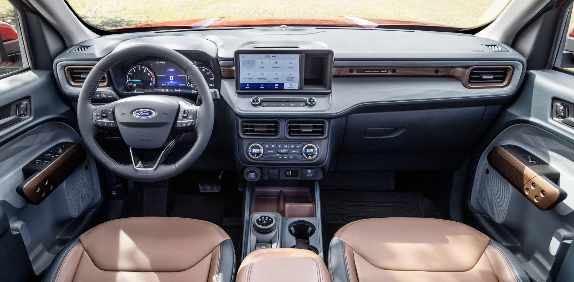 2022 Ford Maverick 2L-EcoBoost AWD Lariat interior. Preproduction vehicle with optional equipment shown. Available fall 2021.