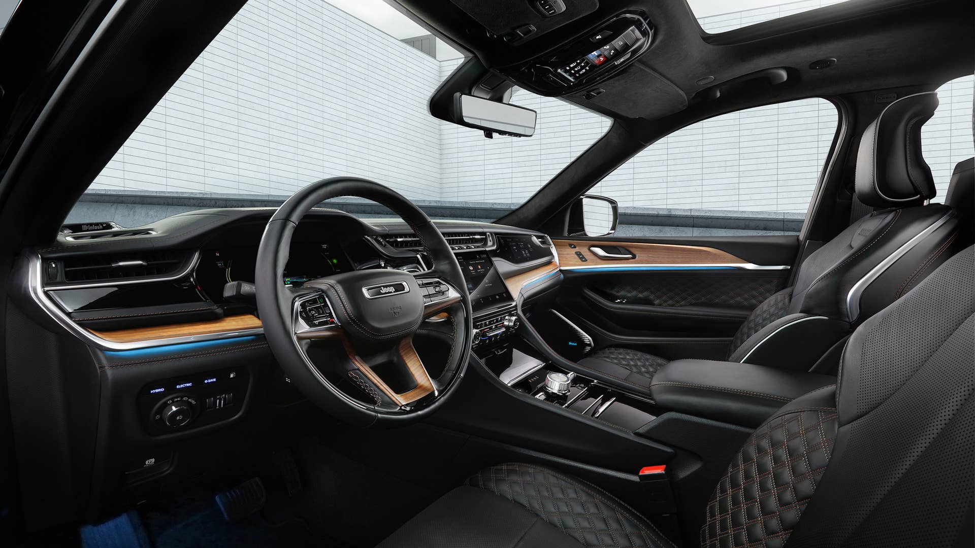 The all-new 2022 Jeep® Grand Cherokee Summit Reserve model’s spacious interior features standard 10-inch display screens, including a frameless digital gauge cluster and 10.1-inch Uconnect 5 touchscreen radio, hand-wrapped, quilted Palermo leather and open-pore Waxed Walnut wood accents, all-new LED lighting with ambient features, driver and front passenger seat massage and personalized climate zones.
