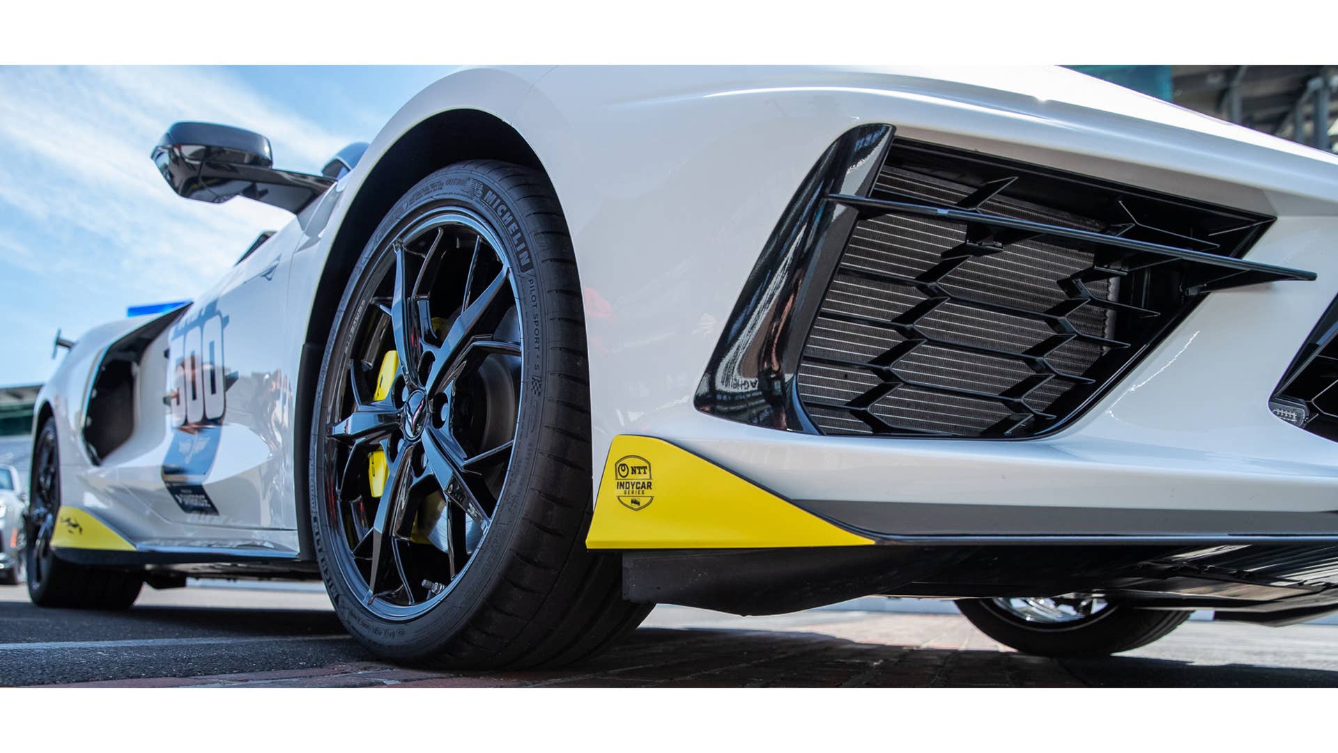 May 11, 2021; Indianapolis, IN, USA; The Indianapolis 500 pace car, a 2021 mid-engine Chevrolet Corvette Stingray hardtop convertible, is revealed Tuesday, May 11, 2021, on the Yard of Bricks at Indianapolis Motor Speedway. The arctic-white Stingray will be the first convertible to serve in the role in more than a decade. Mandatory Credit: Mykal McEldowney-USA TODAY Sports