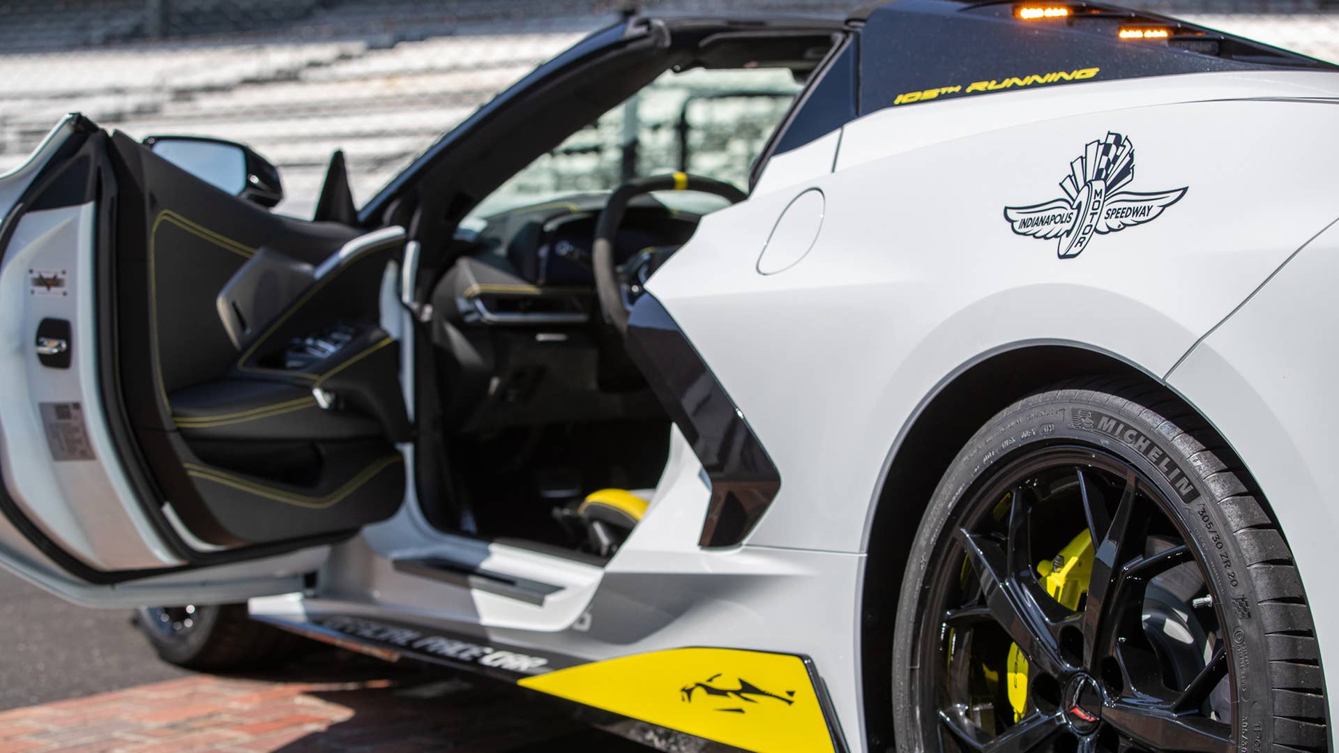 May 11, 2021; Indianapolis, IN, USA; The Indianapolis 500 pace car, a 2021 mid-engine Chevrolet Corvette Stingray hardtop convertible, is revealed Tuesday, May 11, 2021, on the Yard of Bricks at Indianapolis Motor Speedway. The arctic-white Stingray will be the first convertible to serve in the role in more than a decade. Mandatory Credit: Mykal McEldowney-USA TODAY Sports