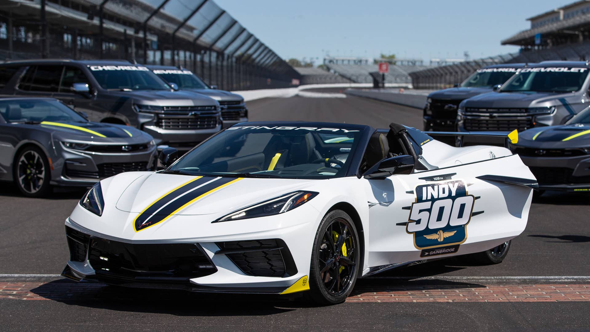 May 11, 2021; Indianapolis, IN, USA; The Indianapolis 500 pace car, a 2021 mid-engine Chevrolet Corvette Stingray hardtop convertible, is revealed Tuesday, May 11, 2021, on the Yard of Bricks at Indianapolis Motor Speedway. The arctic-white Stingray will be the first convertible to serve in the role in more than a decade. Mandatory Credit: Mykal McEldowney-USA TODAY Sports
