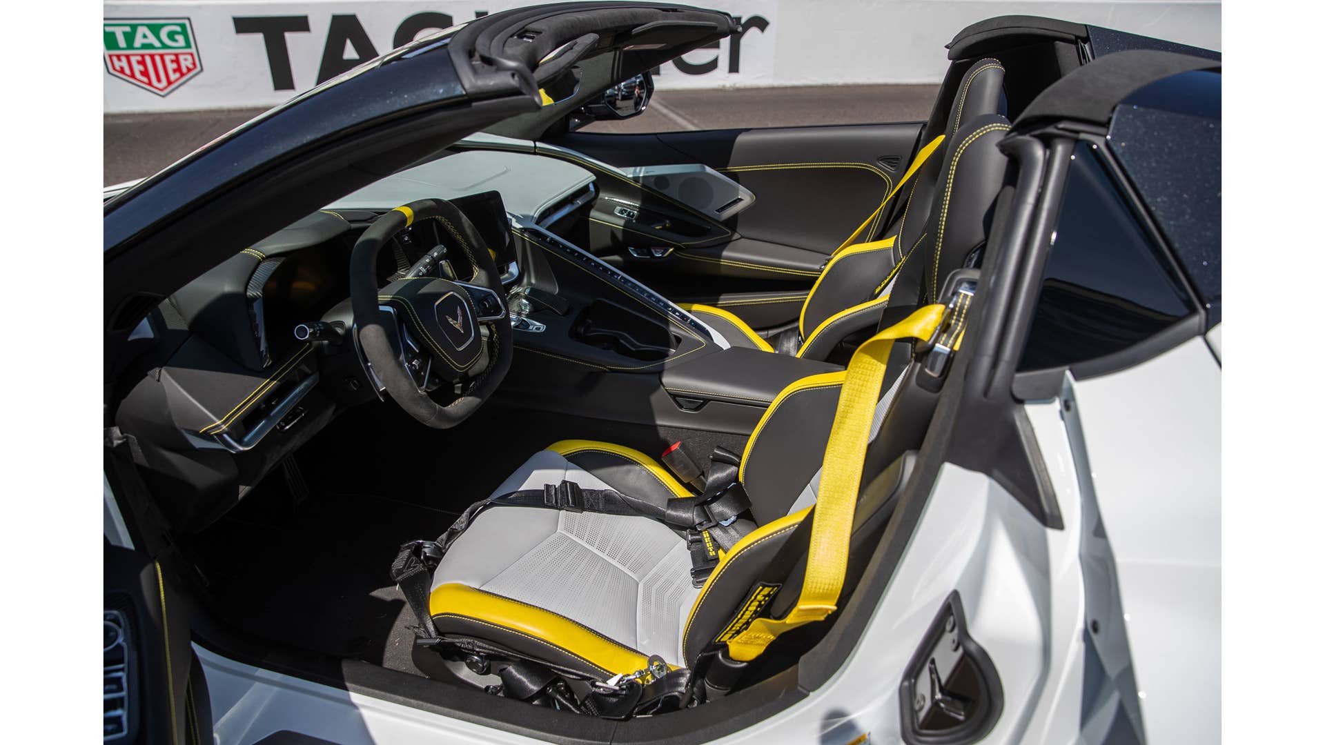 May 11, 2021; Indianapolis, IN, USA; The Indianapolis 500 pace car, a 2021 mid-engine Chevrolet Corvette Stingray hardtop convertible, is revealed Tuesday, May 11, 2021, on the Yard of Bricks at Indianapolis Motor Speedway. The arctic-white Stingray will be the first convertible to serve in the role in more than a decade. Mandatory Credit: Mykal McEldowney-USA TODAY Sports