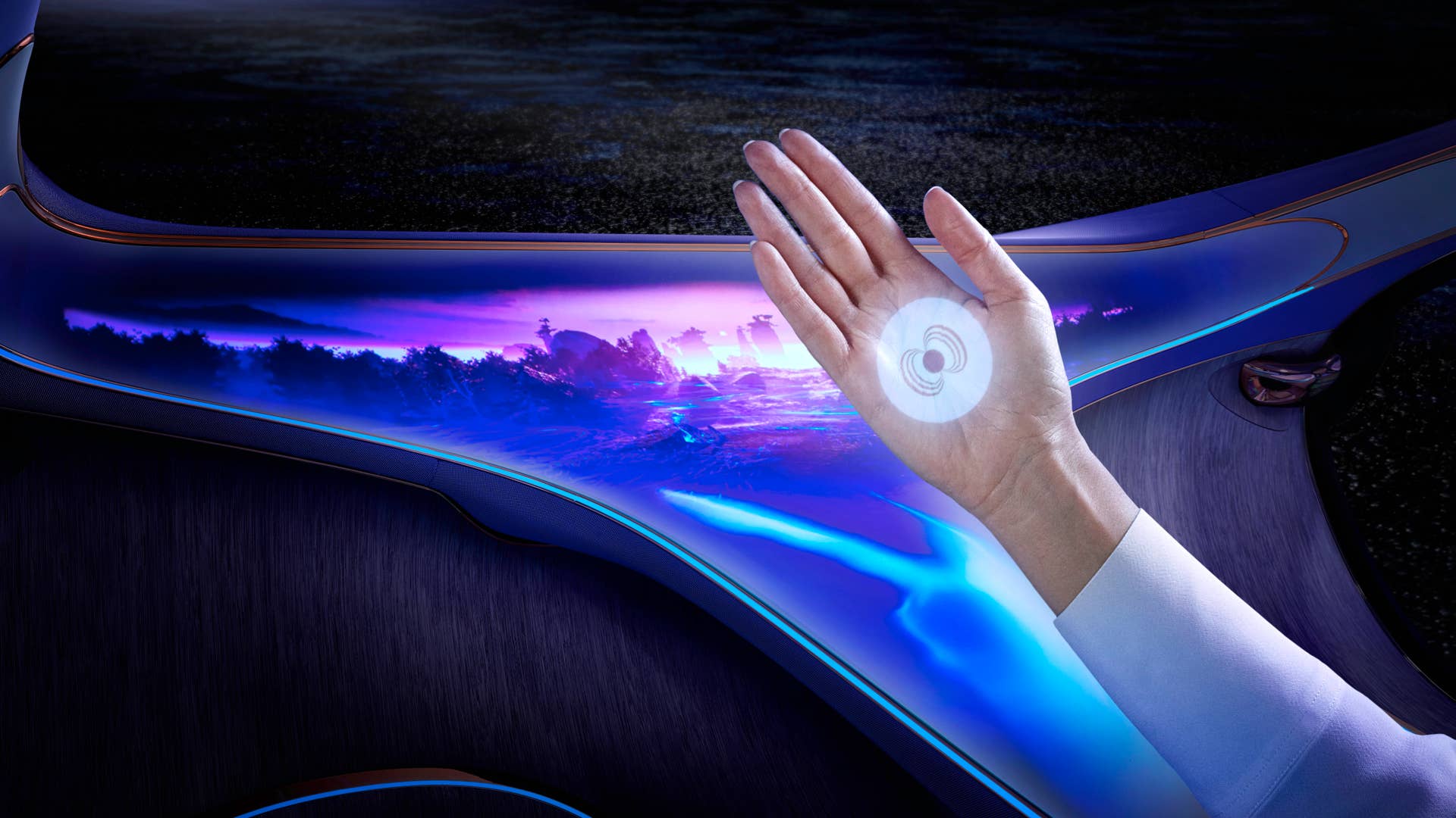 Die Passagiere sind mit ihrem ergonomischen Fahrzeug über die Sinne verschmolzen und können verschiedene intuitive Funktionen über Projektionen auf der Handfläche nutzen. Passengers are fused across the senses with their ergonomic vehicle and can use various intuitive functions via projections on the palm of their hands.