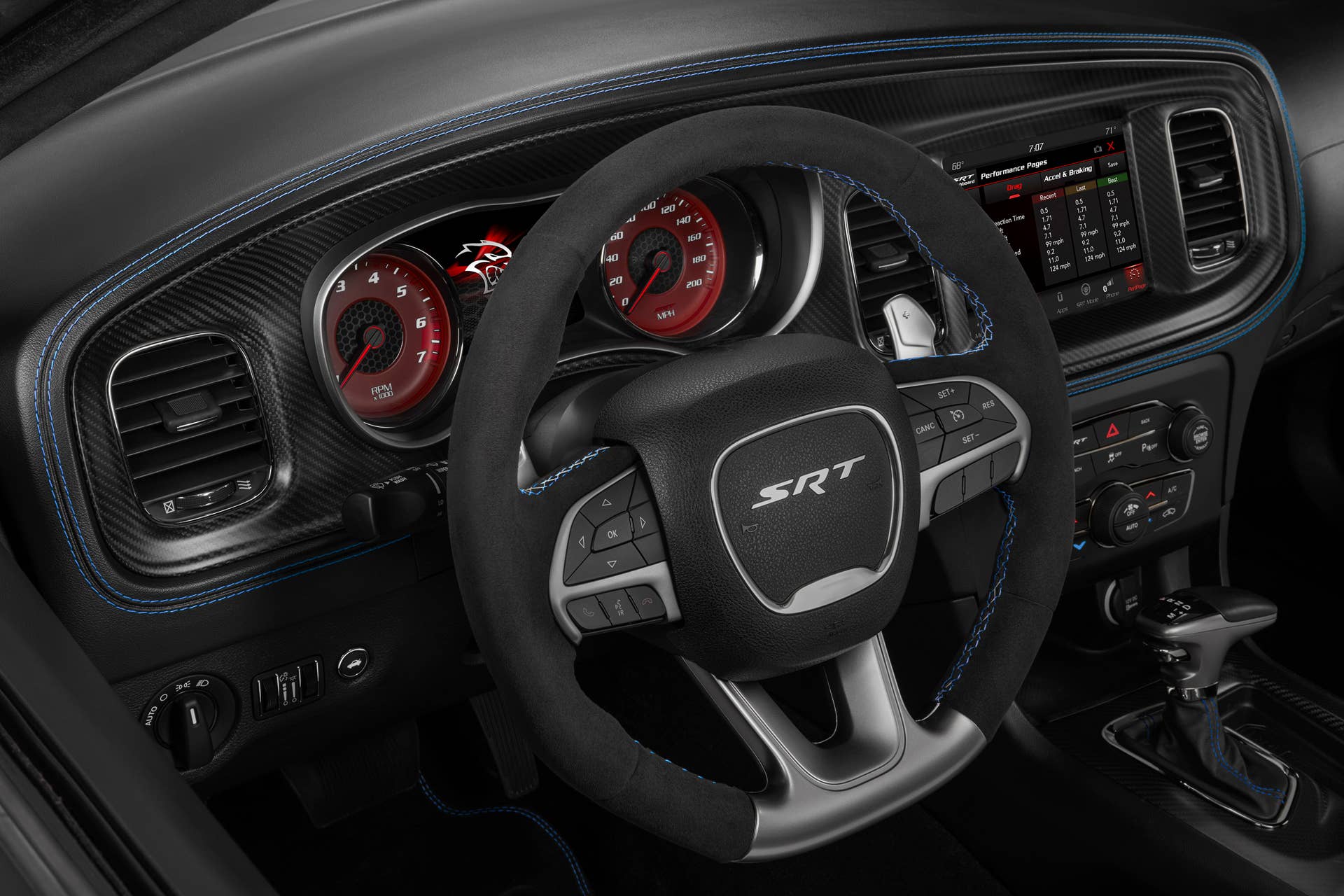 2020 Dodge Charger SRT Hellcat Widebody Daytona 50th Anniversary Edition's race-inspired interior features carbon fiber and unique Daytona blue accent stitching