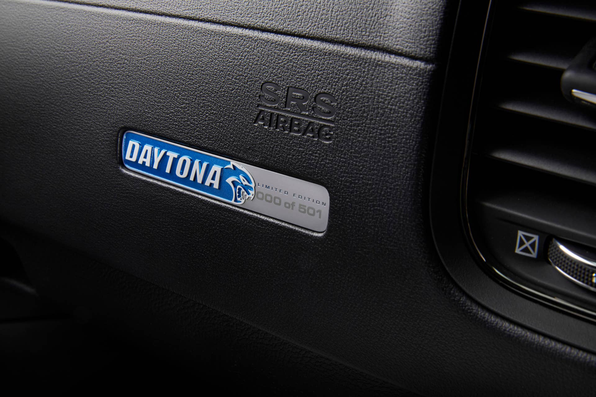 A custom IP badge with the Hellcat and Daytona logos is located on the passenger side identifying each vehicle as “x out of 501.”