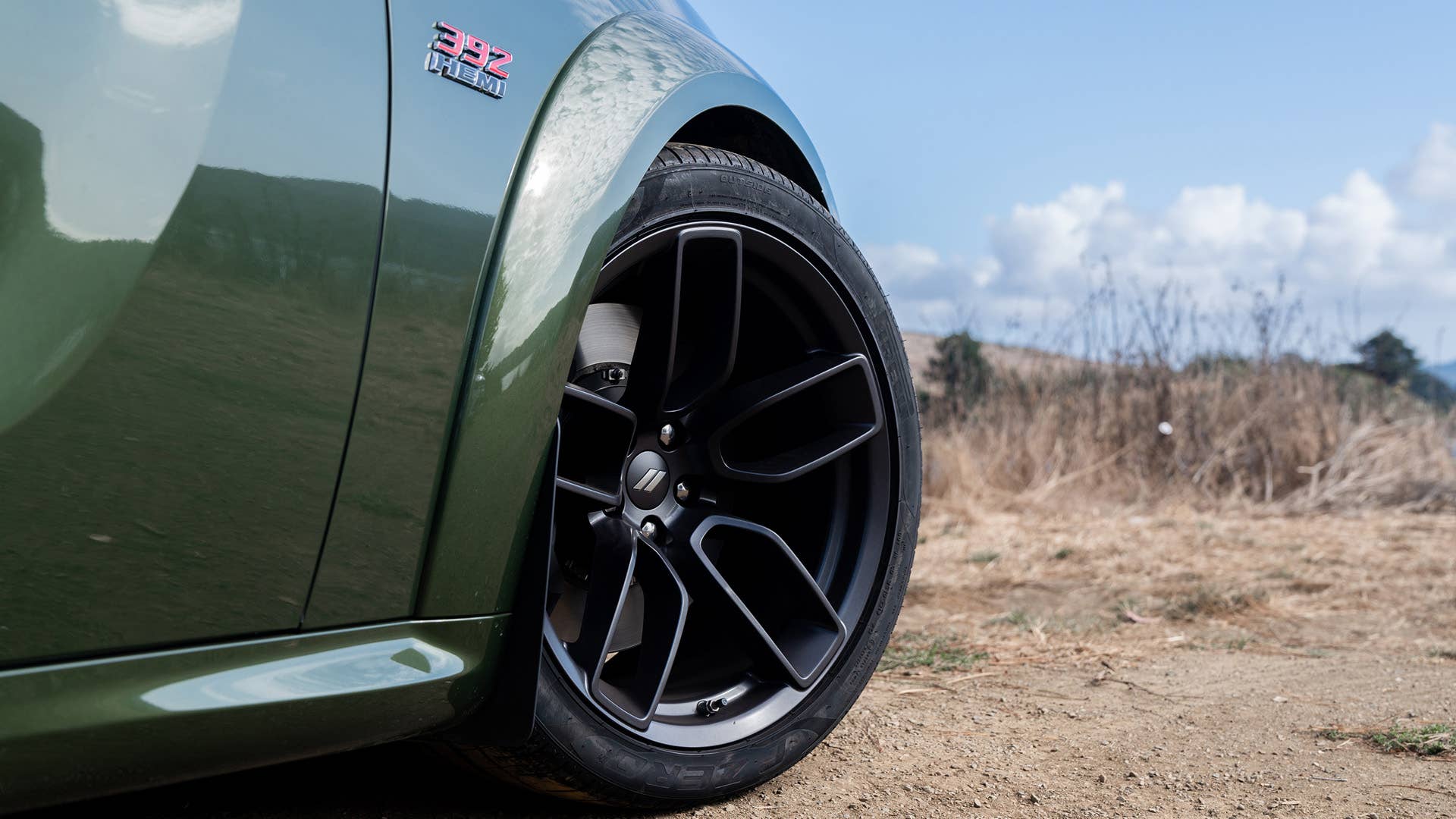 The 2020 Dodge Charger Scat Pack Widebody features an optional 20-inch by 11-inch Carbon Black wheel