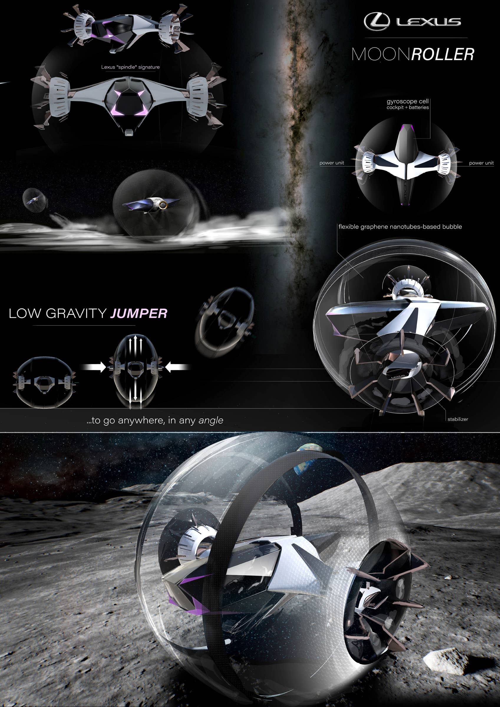 Lexus designers at the European Advanced Design Studio create lunar transport concepts for Document Journal magazine. This is the Bouncing Moon Roller by J. Marie.