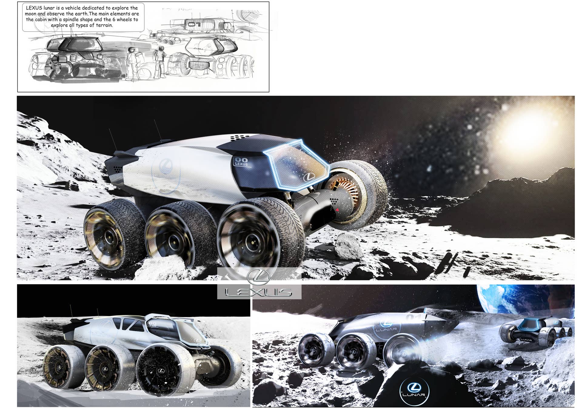 Lexus designers at the European Advanced Design Studio create lunar transport concepts for Document Journal magazine. This is the Lexus Lunar Mission Y by Y. Presciutti.