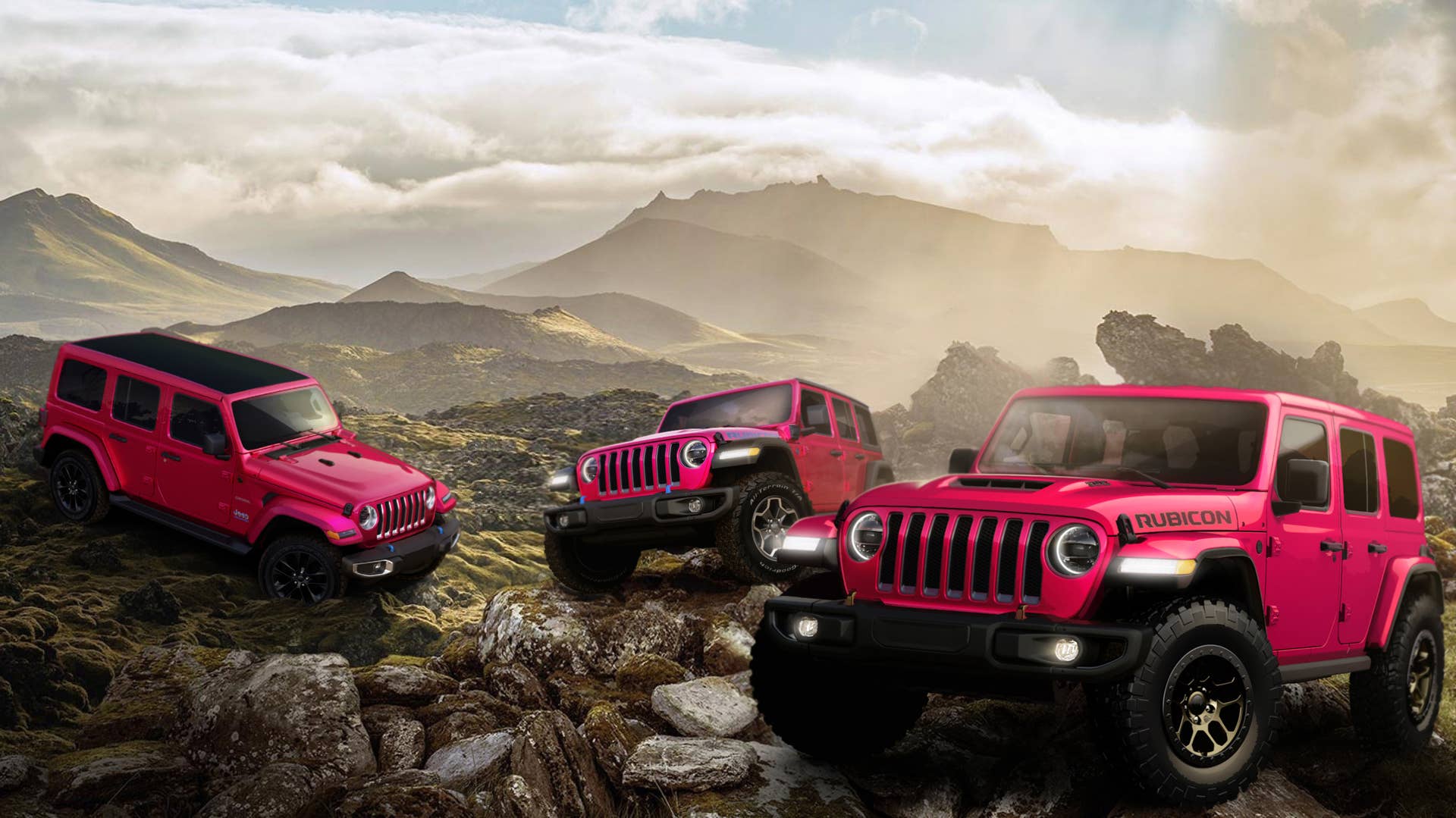 2021 Jeep® Wrangler Sahara 4xe, Wrangler Rubicon 4xe and Wrangler Rubicon 392 in new Tuscadero exterior paint color.