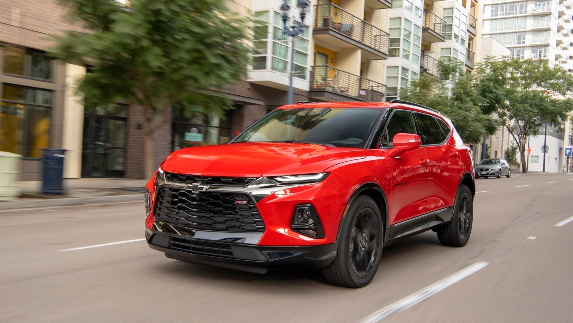 2019 Chevrolet Blazer front city driving red