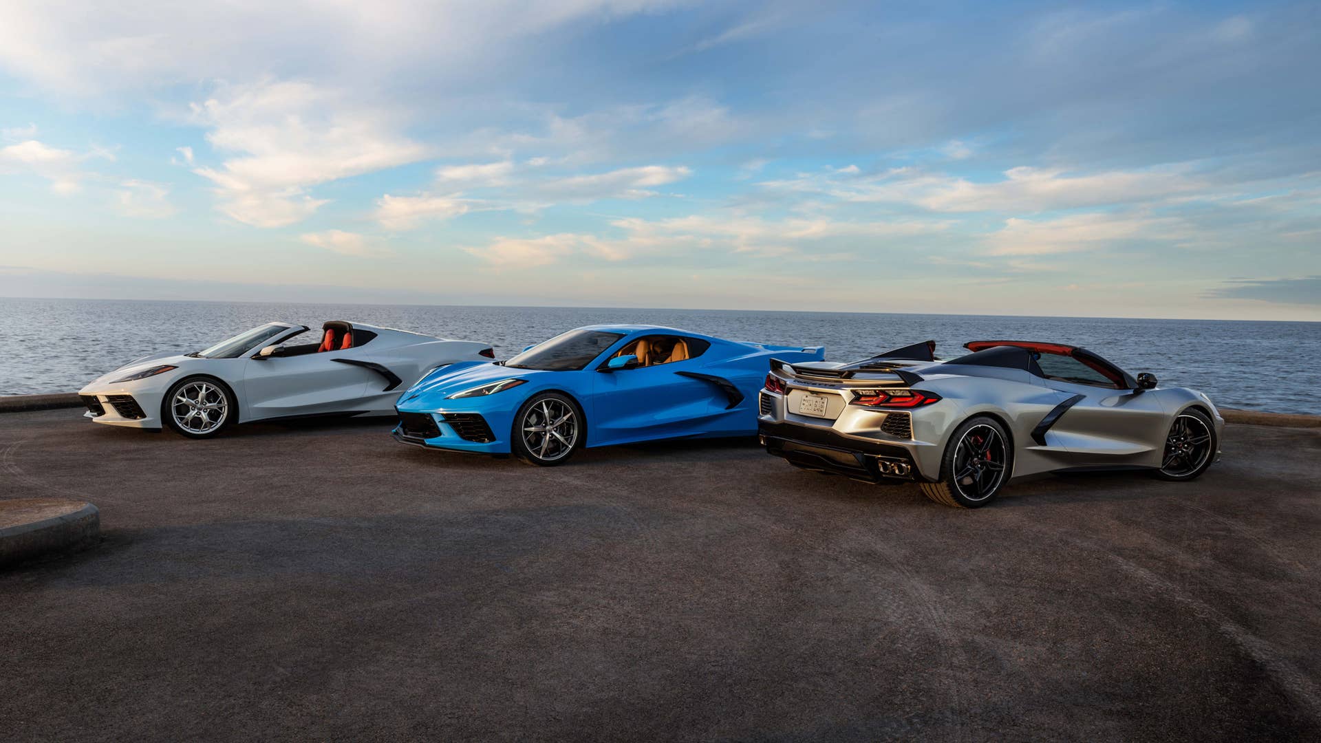 2021 Chevrolet Corvette Stingray Coupe and Convertible (far right in new Silver Flare Metallic)
