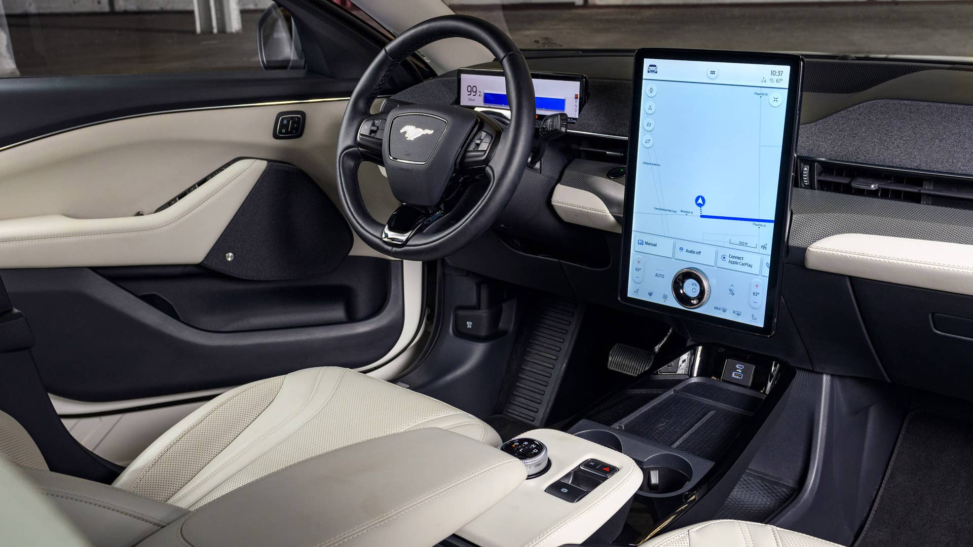 Available Ice White Appearance Package on appropriately configured 2022 Mustang Mach-E and Mustang Coupe models. Closed course.