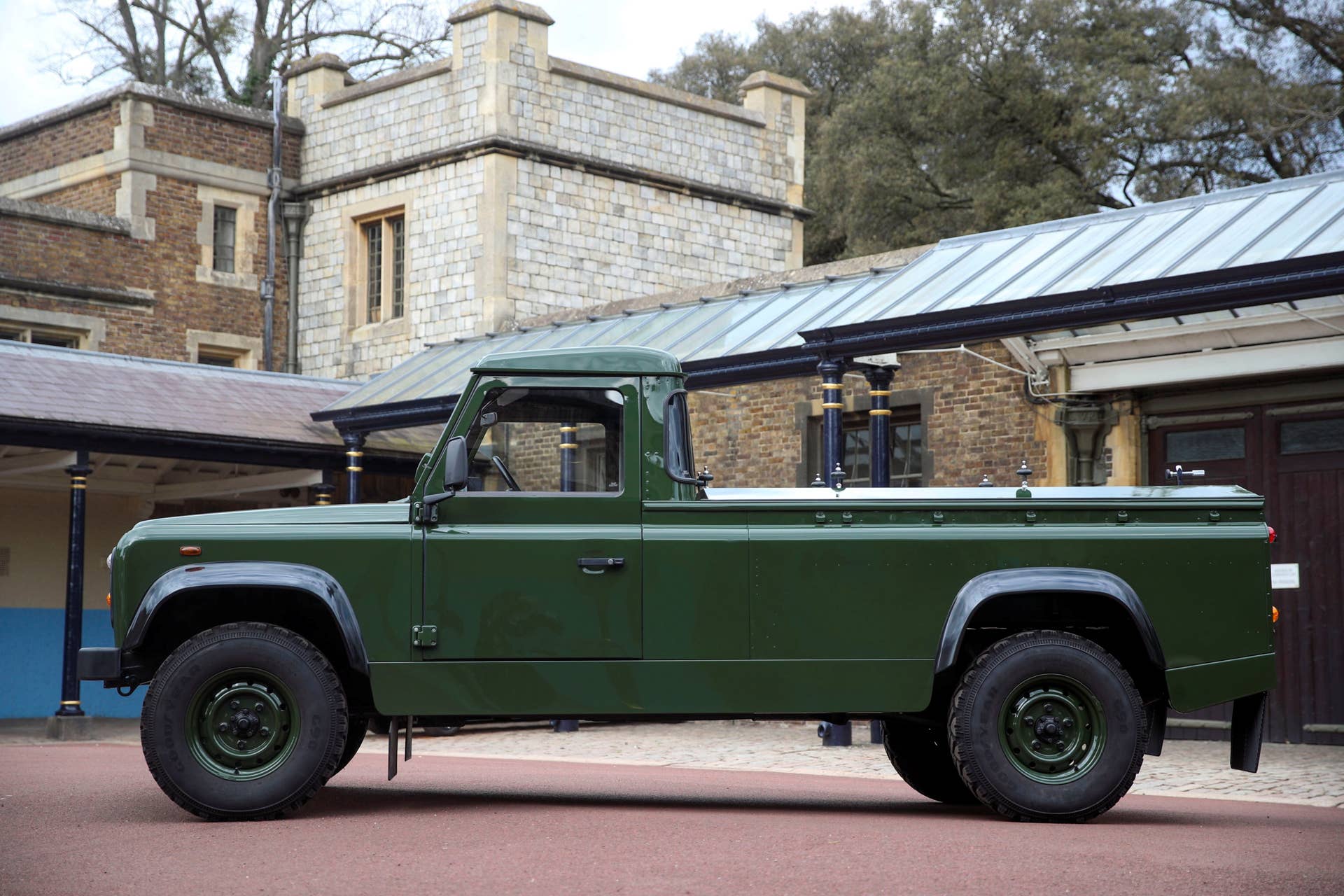 The Jaguar Land Rover that will be used to transport the coffin of Britain's Prince Philip at his funeral on April 17, 2021, is seen at Windsor Castle, Berkshire, Britain.  Steve Parsons/Pool via REUTERS