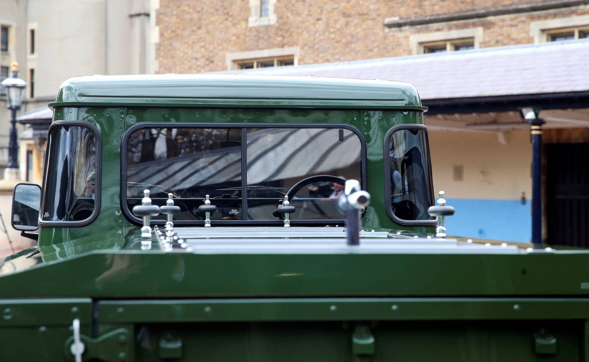 The Jaguar Land Rover that will be used to transport the coffin of Britain's Prince Philip at his funeral on April 17, 2021, is seen at Windsor Castle, Berkshire, Britain.  Steve Parsons/Pool via REUTERS