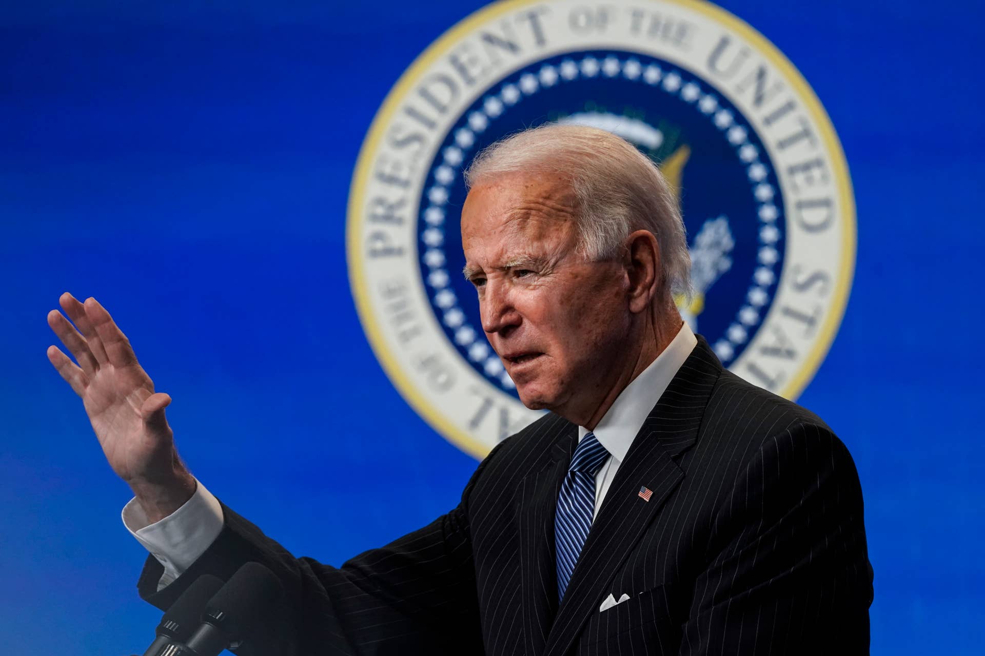 WASHINGTON, DC - JANUARY 25: U.S. President Joe Biden speaks before signing an executive order related to American manufacturing in the South Court Auditorium of the White House complex on January 25, 2021 in Washington, DC. President Biden signed an executive order aimed at boosting American manufacturing and strengthening the federal government's Buy American rules. (Photo by Drew Angerer/Getty Images)