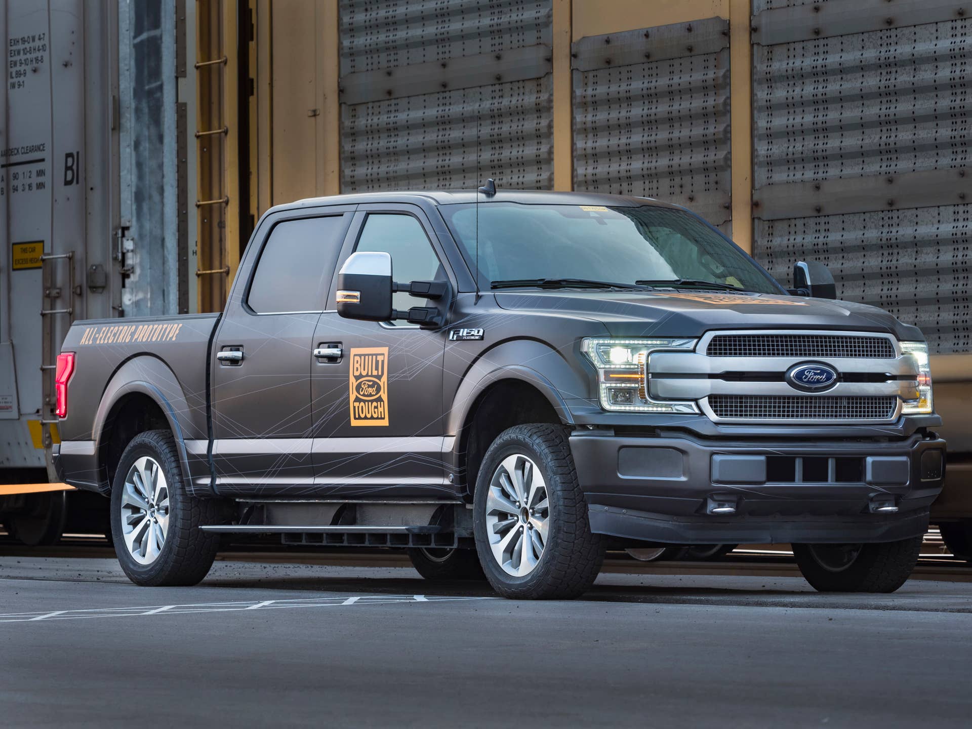 An all-electric Ford F-150 prototype during a capability test. The battery-powered truck successfully towed more than 1.25 million pounds of rail cars and trucks during the test.