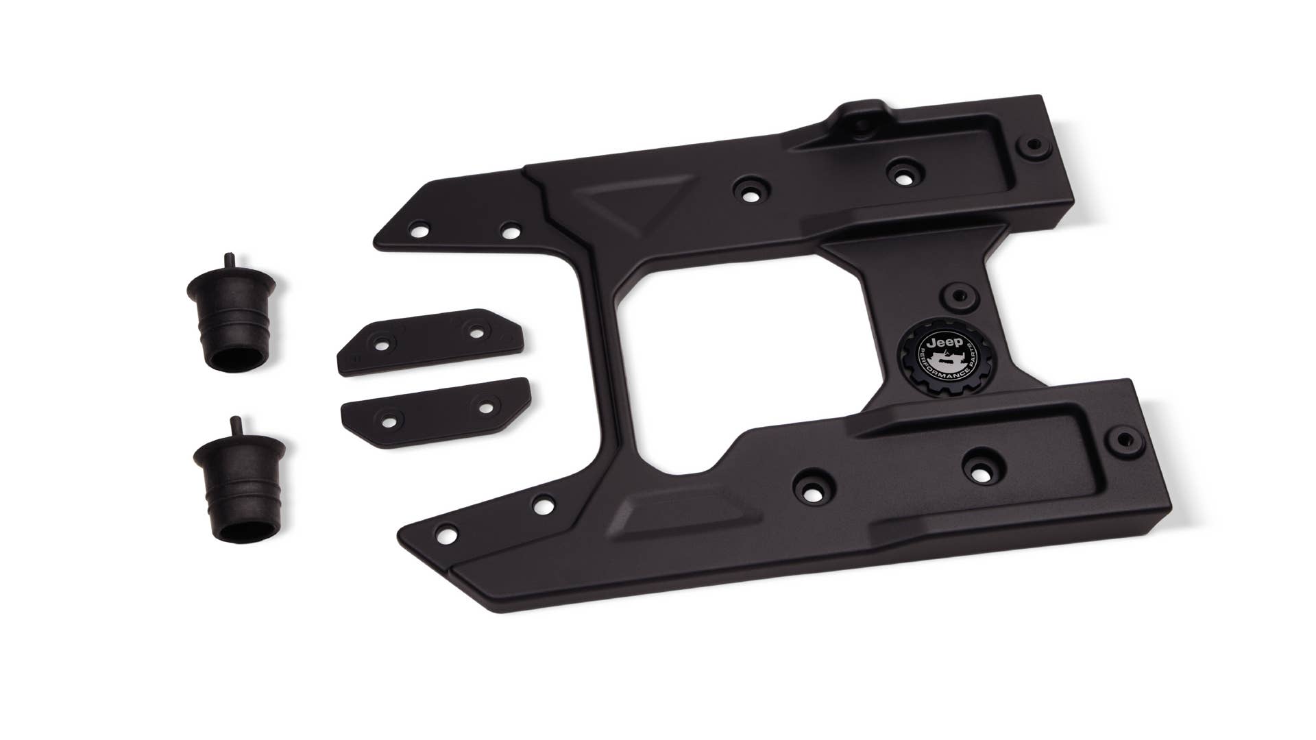JPP swing gate hinge reinforcement (Mopar part # 82215356AB | $625): On the rear of the vehicle, the JPP swing gate hinge reinforcement allows for a larger spare tire to be mounted on the swing gate. The reinforcement is powder-coated black and works with the production hinge for easy installation.