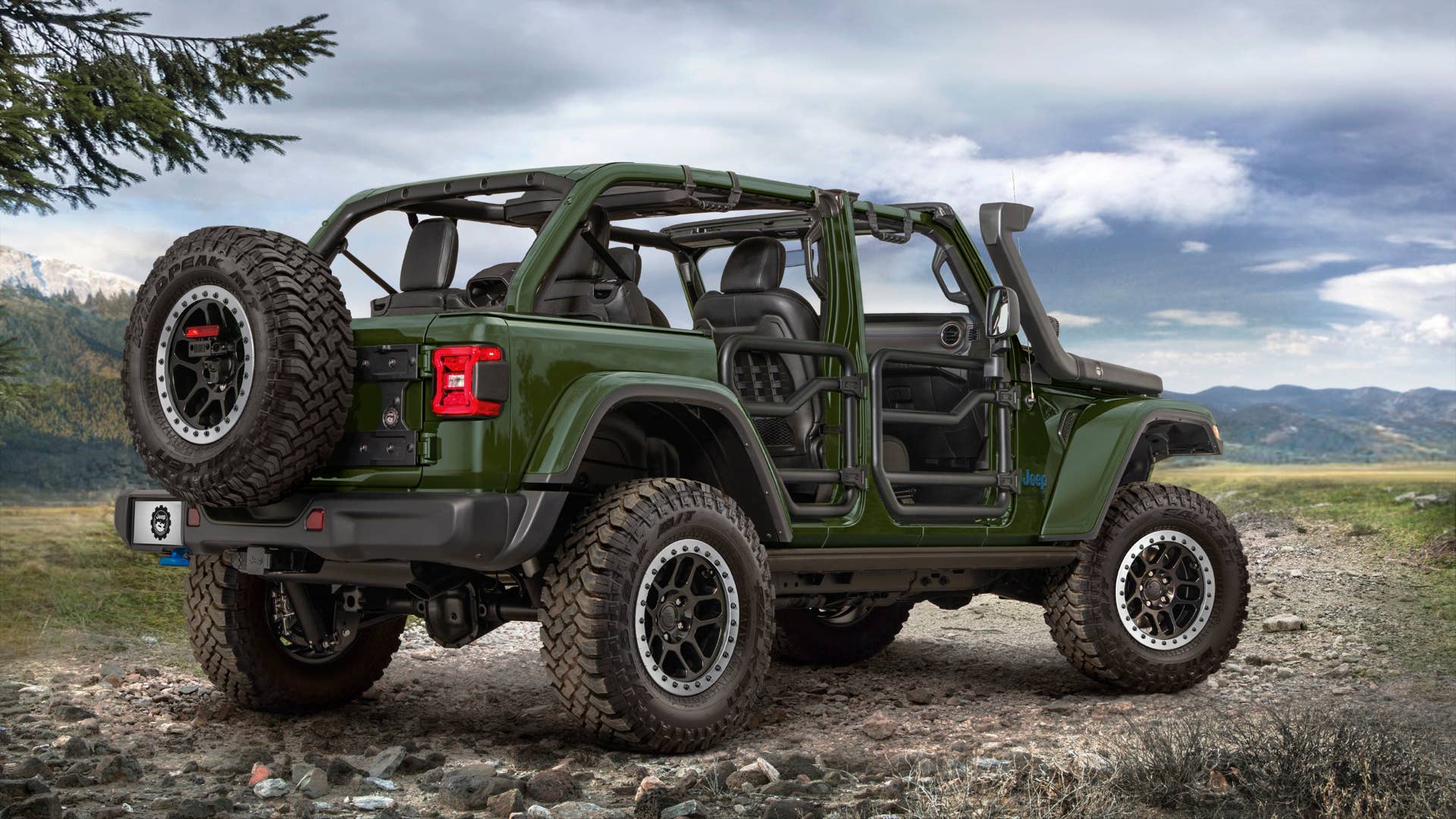 The Moparized Jeep Wrangler 4xe features numerous JPP items including:  2-inch lift kit, rock rails, tube doors, mirror kit for tube doors, oversized spare tire carrier, center high-mount stop light relocation kit and much more.