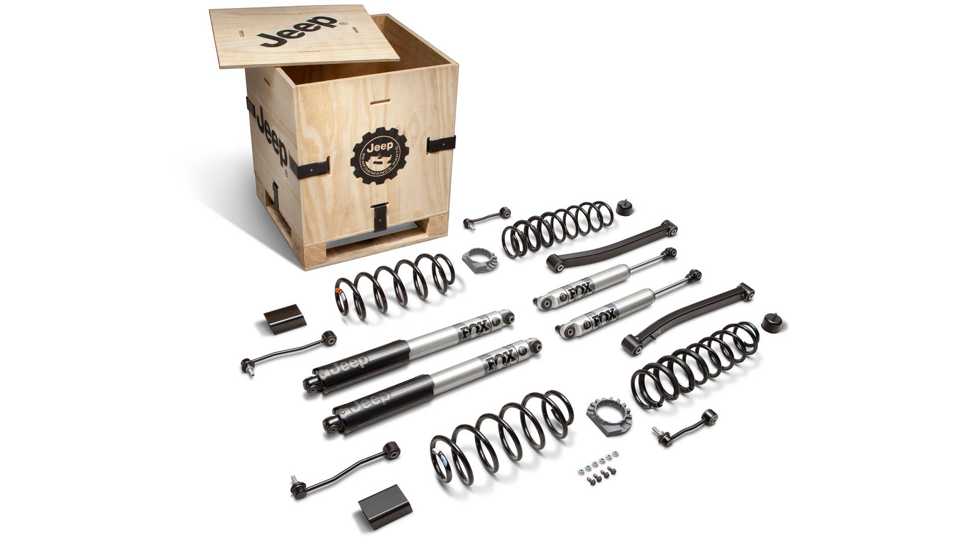 JPP 2-inch lift kit (Mopar part # 77072522 | $1,495): The industry-first lift kit for a plug-in hybrid vehicle is tuned specifically for the Jeep Wrangler 4xe plug-in hybrid vehicle application. The kit includes four springs, four FOX shocks, front lower control arms, front and rear stabilizer links, front and rear bump stops, various fasteners, and the JPP badge all packaged in a custom, reusable wooden crate complete with the JPP logo.