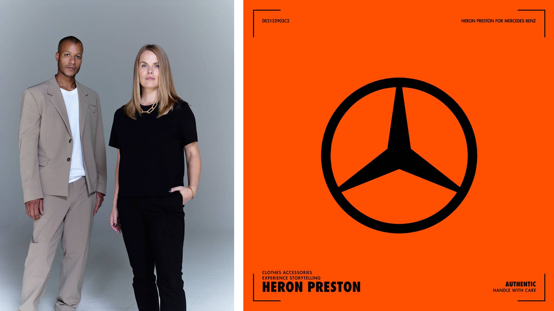 Mercedes-Benz x Heron Preston Airbag Concept Collection; Heron Preston, US-amerikanischer Designer und Kreativdirektor; Bettina Fetzer, Leiterin Kommunikation & Marketing Mercedes-Benz AG Mercedes-Benz x Heron Preston Airbag Concept Collection; Heron Preston, US-designer and creative director; Bettina Fetzer, Vice President Communications& Marketing Mercedes-Benz