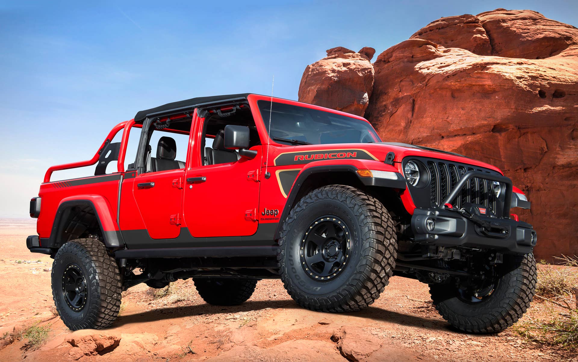 The Jeep® Red Bare Gladiator Rubicon concept builds on the passion and enthusiasm of Jeep SUV owners who spend countless hours creating customized looks and modifications to their trusty off-roading vehicle. Red Bare is powered by the turbocharged 3.0-liter EcoDiesel V-6 engine, rated at 260 horsepower and 442 lb.-ft. of torque, and delivers an impressive 91:1 crawl ratio to tackle Moab's toughest trails.