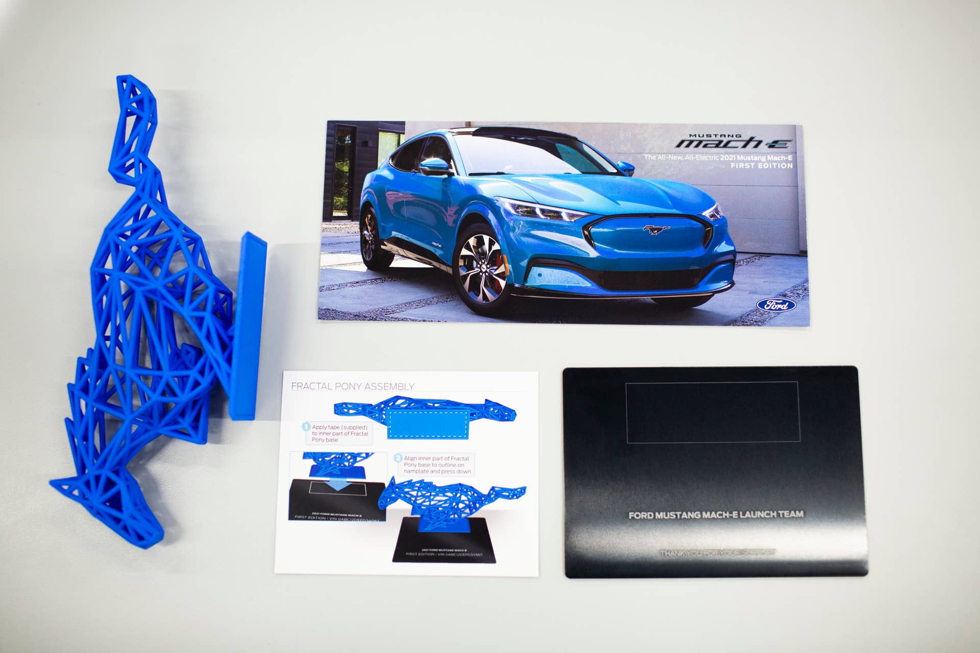 Each Mustang Mach-E First Edition customer will receive a special collectible wireframe pony sculpture in the color corresponding to their vehicle’s paint job, created with the help of 3D printing.