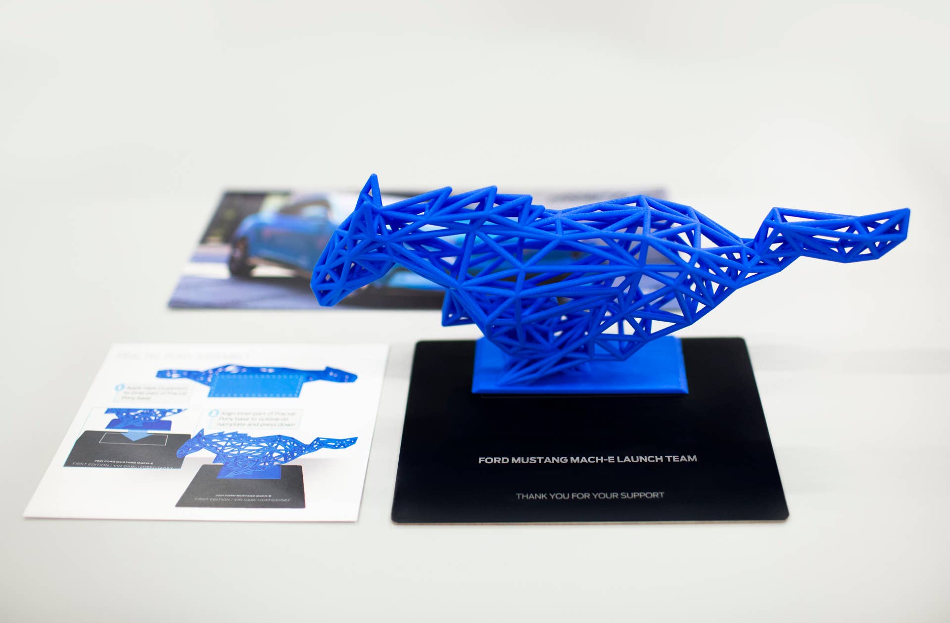 Each Mustang Mach-E First Edition customer will receive a special collectible wireframe pony sculpture in the color corresponding to their vehicle’s paint job, created with the help of 3D printing.