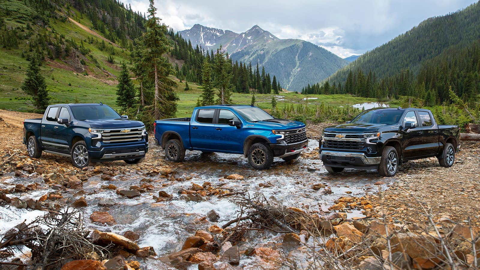 (l to r) The 2022 Chevrolet Silverado High Country, ZR2 and LT