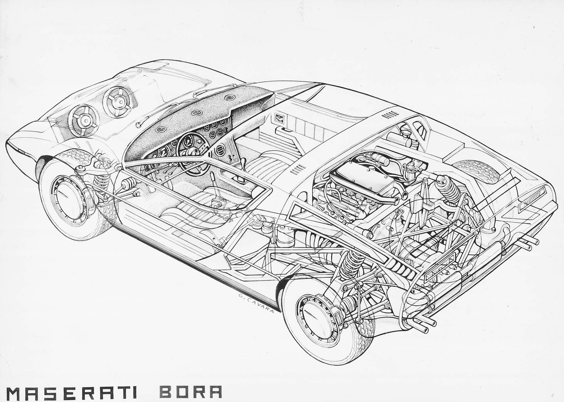 Bora - Coupè 2 posti Disegno sezionato in prospettiva della vettura. (autore Giovanni Cavara)