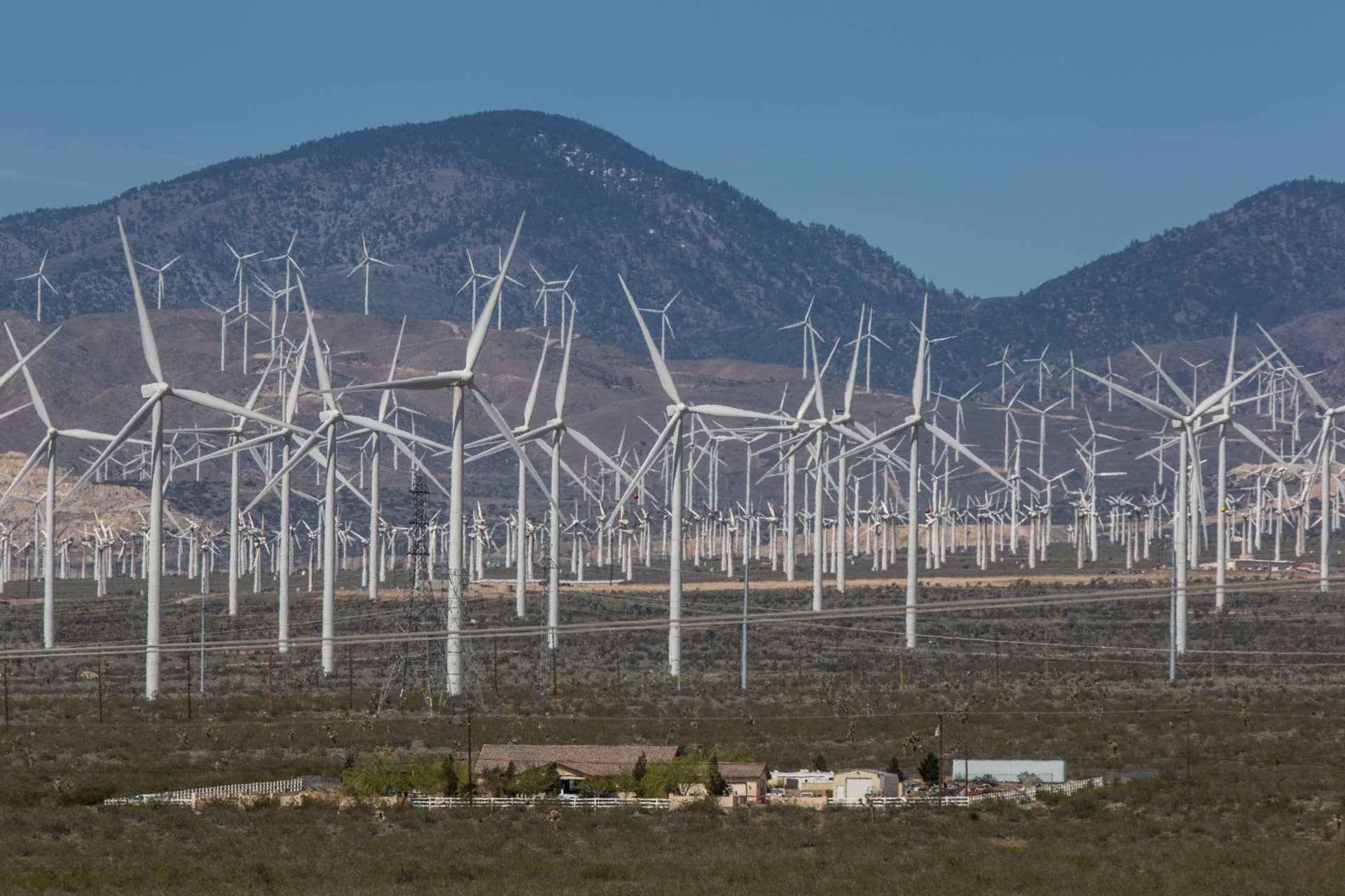 MOJAVE, CA - APRIL 4: A wind turbine farm east of Tehachapi is viewed on April 4, 2017, near Mojave, California. California Highway 58 stretches across the central part of state beginning in Santa Margarita and running east across the central valley, passing through Bakersfield and the Mojave Desert, ending in Barstow. (Photo by George Rose/Getty Images)
