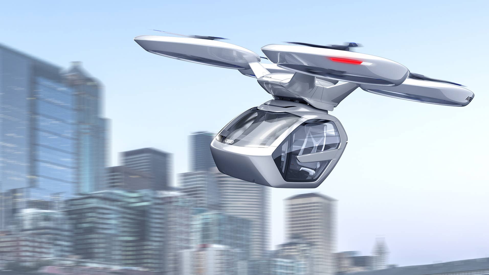 Pop.Up Next – a modular concept to solve traffic problems in cities. The ultra-light, two-seater passenger cabin can be attached either to a car module or to a flight module. The dominant interior feature is a 49-inch screen, while interaction between humans and the machine is performed by speech and face recognition, eye-tracking and a touch function.
