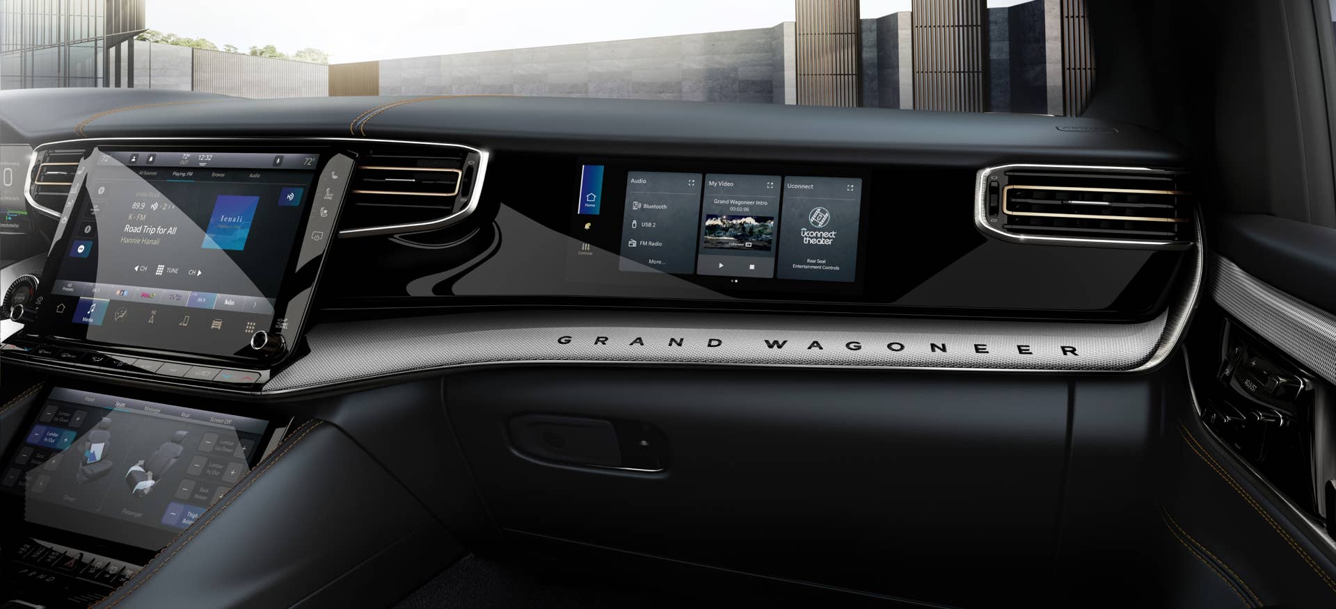 All-new 2022 Grand Wagoneer features a 10.25-inch passenger screen provides the front passenger with dynamic touchscreen control at their fingertips. The passenger screen has three major functions: Co-Pilot (navigation, device management), entertainment (via HDMI or Rear Seat Entertainment control) and the ability to view the exterior vehicle cameras. Passenger screens in both the front and rear feature an HDMI plug, which lets occupants to connect their phone or tablet, turning the touchscreen into a mirrored extension of their device, allowing internet searches, music and app use to project through the Uconnect 5 system.