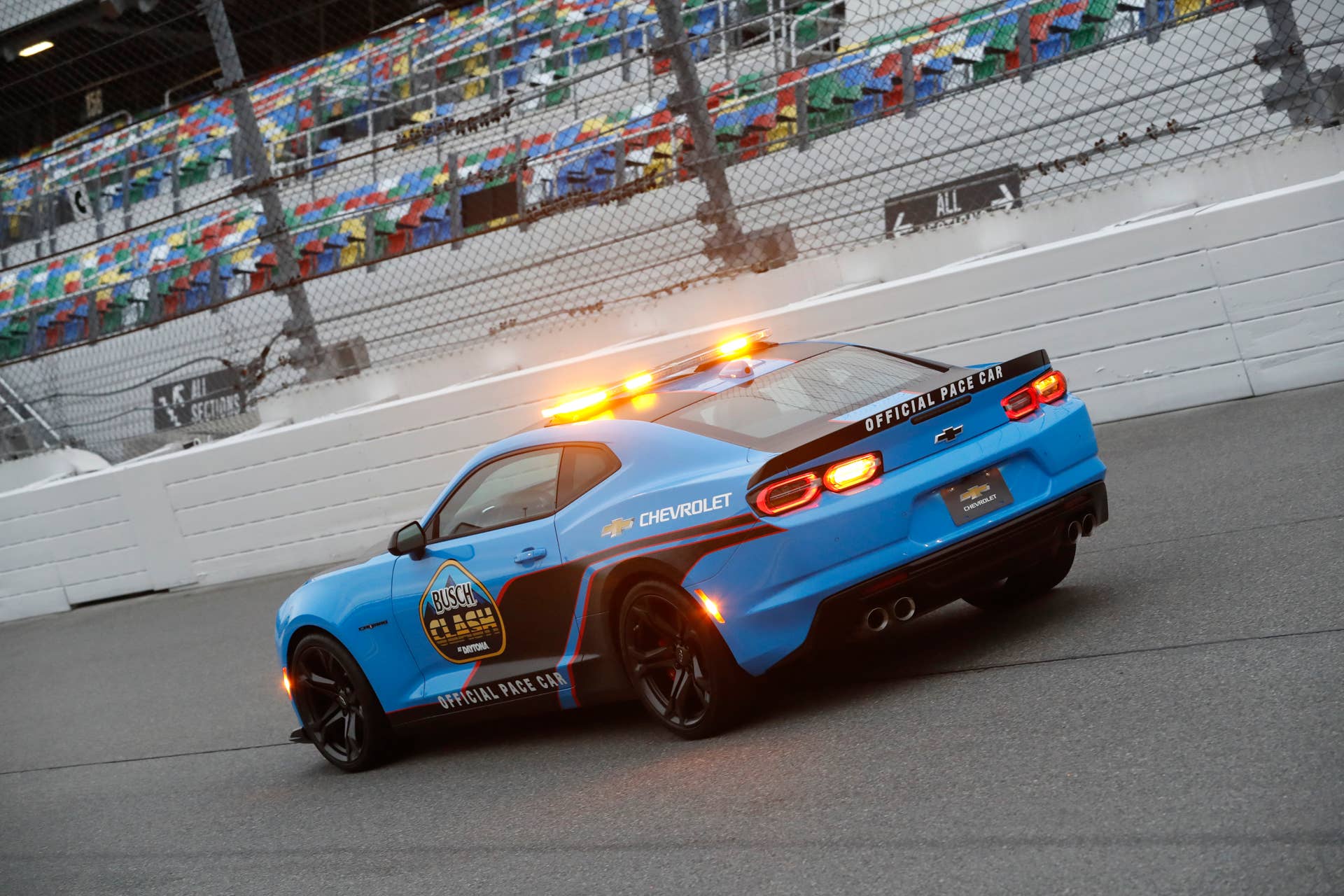 All three Chevrolet pace vehicles have a racy red, white and blue theme inspired by the 2021 Daytona 500 logo. The Corvette-exclusive Rapid Blue color is featured on each vehicle and will make its debut as an available option on the 2022 Camaro. (HHP/Harold Hinson)