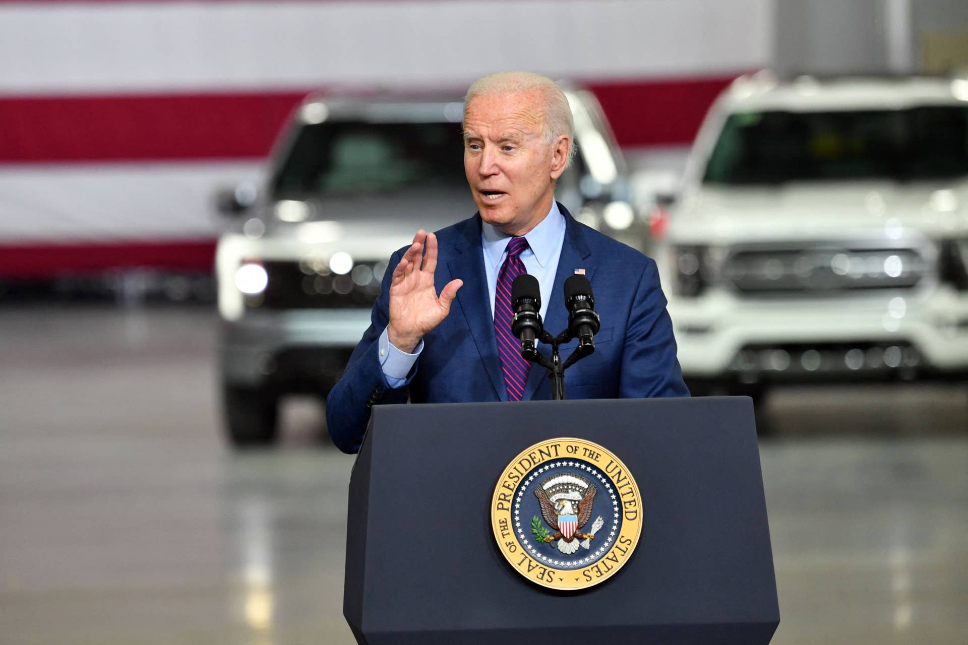 US President Joe Biden delivers remarks at the Ford Rouge Electric Vehicle Center, in Dearborn, Michigan on May 18, 2021. (Photo by Nicholas Kamm / AFP) (Photo by NICHOLAS KAMM/AFP via Getty Images)