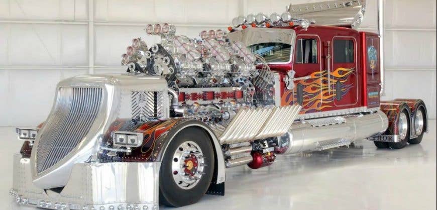 Property developer Mike Harrah built Thor24 on a 1979 Peterbilt 359 chassis. His creation uses two Detroit Diesel 12-cylinder engines, 12 superchargers, and eight bottles of nitrous to produce 3,424 horsepower.