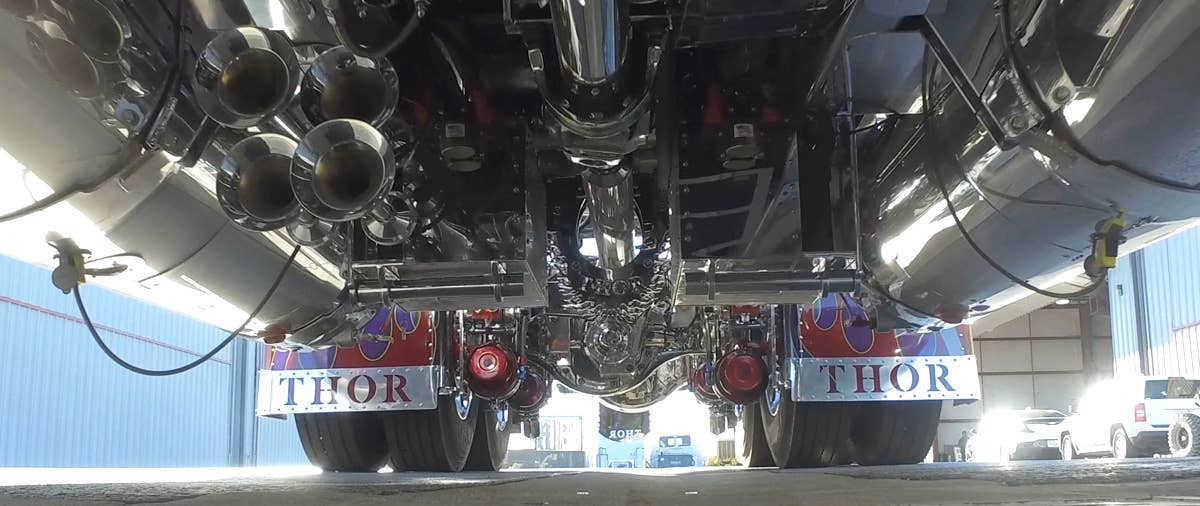 Property developer Mike Harrah built Thor24 on a 1979 Peterbilt 359 chassis. His creation uses two Detroit Diesel 12-cylinder engines, 12 superchargers, and eight bottles of nitrous to produce 3,424 horsepower.