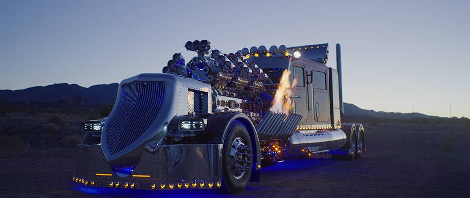 Property developer Mike Harrah built Thor24 on a 1979 Peterbilt 359 chassis. His creation uses two Detroit Diesel 12-cylinder engines, 12 superchargers, and eight bottles of nitrous to produce 3,424 horsepower.