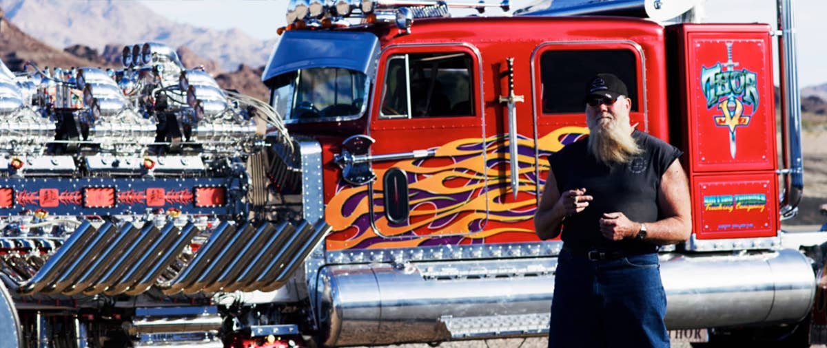 Property developer Mike Harrah built Thor24 on a 1979 Peterbilt 359 chassis. His creation uses two Detroit Diesel 12-cylinder engines, 12 superchargers, and eight bottles of nitrous to produce 3,424 horsepower.