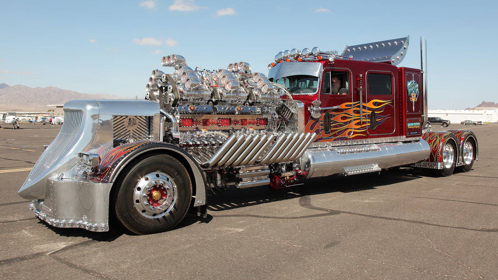 Property developer Mike Harrah built Thor24 on a 1979 Peterbilt 359 chassis. His creation uses two Detroit Diesel 12-cylinder engines, 12 superchargers, and eight bottles of nitrous to produce 3,424 horsepower.