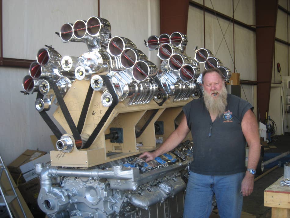 Property developer Mike Harrah built Thor24 on a 1979 Peterbilt 359 chassis. His creation uses two Detroit Diesel 12-cylinder engines, 12 superchargers, and eight bottles of nitrous to produce 3,424 horsepower.