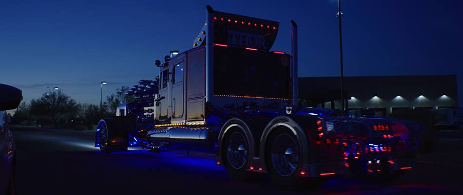 Property developer Mike Harrah built Thor24 on a 1979 Peterbilt 359 chassis. His creation uses two Detroit Diesel 12-cylinder engines, 12 superchargers, and eight bottles of nitrous to produce 3,424 horsepower.
