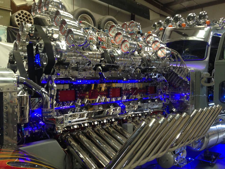 Property developer Mike Harrah built Thor24 on a 1979 Peterbilt 359 chassis. His creation uses two Detroit Diesel 12-cylinder engines, 12 superchargers, and eight bottles of nitrous to produce 3,424 horsepower.