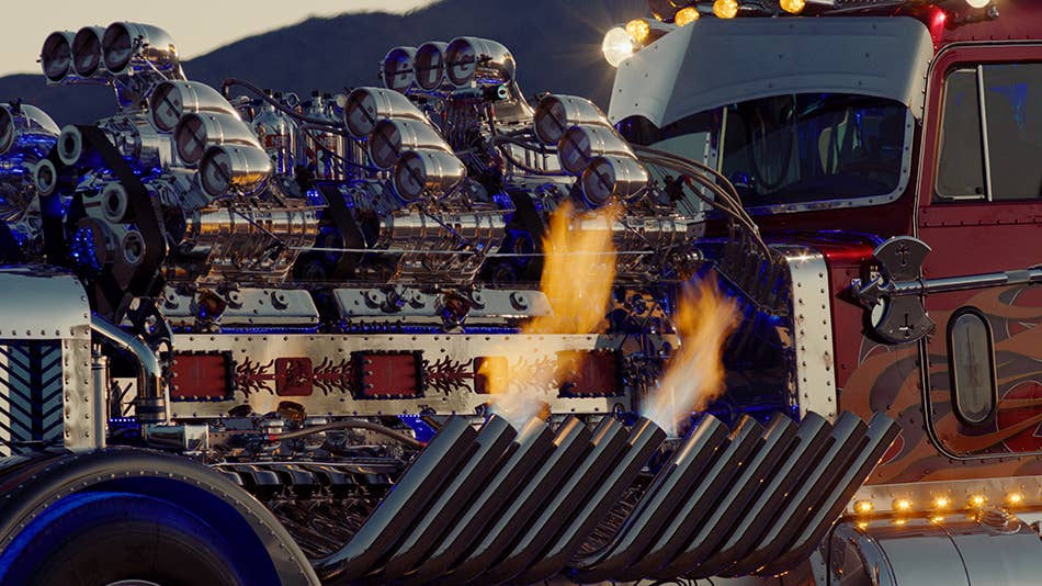 Property developer Mike Harrah built Thor24 on a 1979 Peterbilt 359 chassis. His creation uses two Detroit Diesel 12-cylinder engines, 12 superchargers, and eight bottles of nitrous to produce 3,424 horsepower.