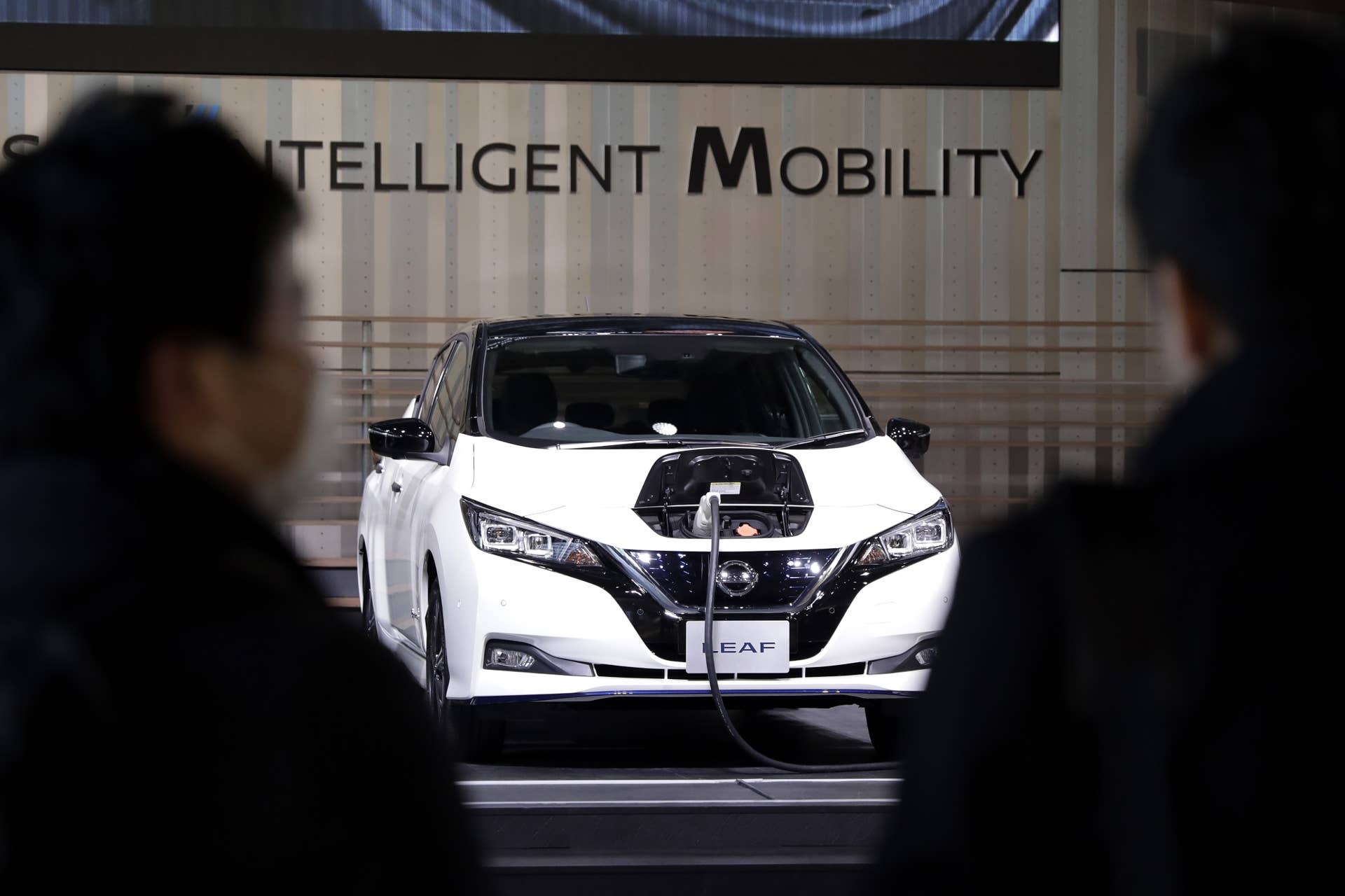 A Nissan Motor Co. Leaf e+ electric vehicle (EV) stands on display in a showroom at the company's global headquarters in Yokohama, Japan, on Wednesday, Jan. 9, 2019. Nissan unveiled a new version of its Leaf electric car after delaying its launch amid the shock arrest of former chairman Carlos Ghosn. The new model, launched Tuesday in Las Vegas, narrows the driving-range gap versus Tesla Inc.s Model 3 and General Motors Co.s Chevrolet Bolt. Photographer: Kiyoshi Ota/Bloomberg via Getty Images
