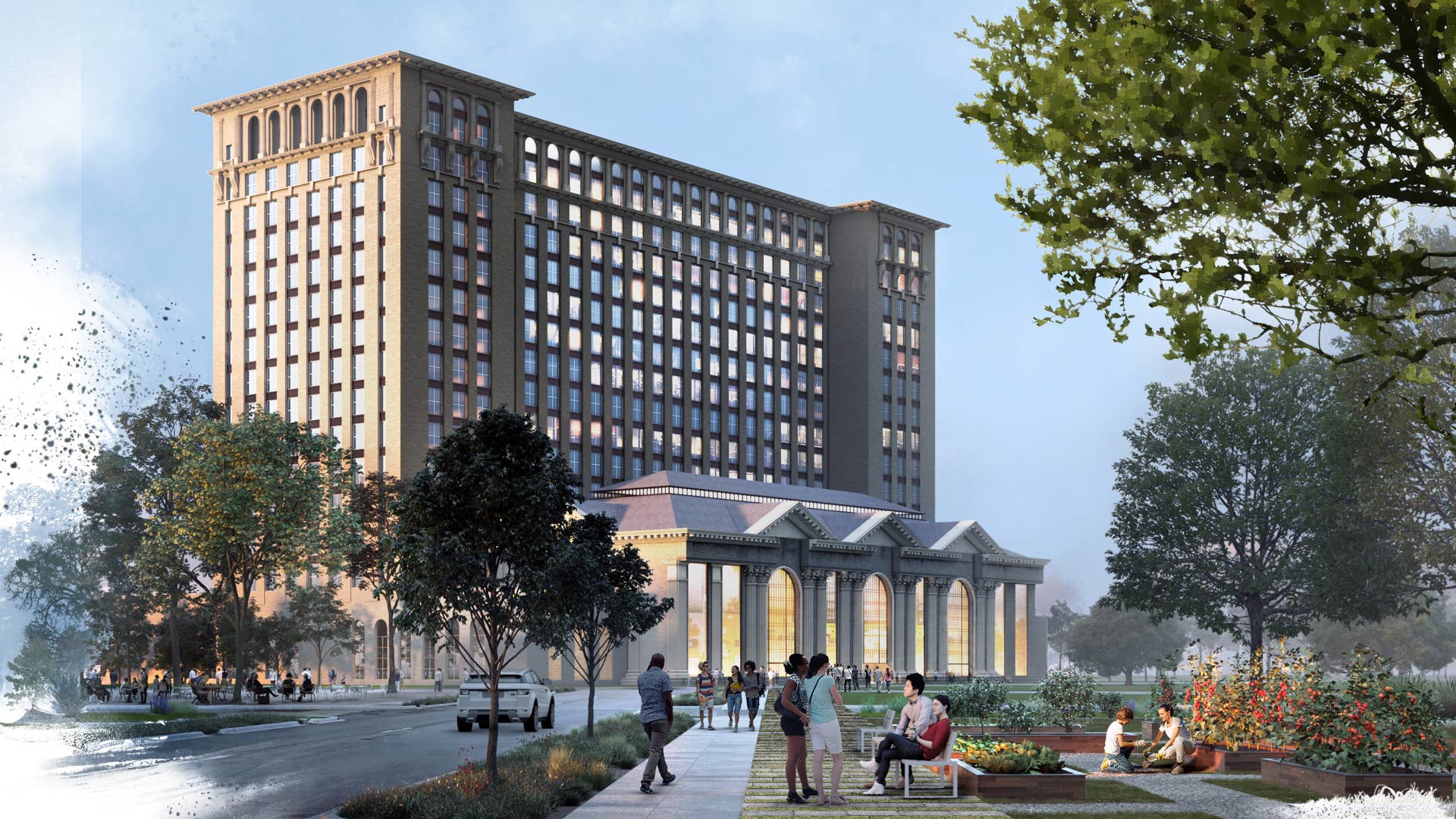 Ford will renovate Michigan Central Station into a magnet for high-tech talent and a regional destination with retail, restaurants, residential living, modern work spaces and more. Conceptual rendering shown.