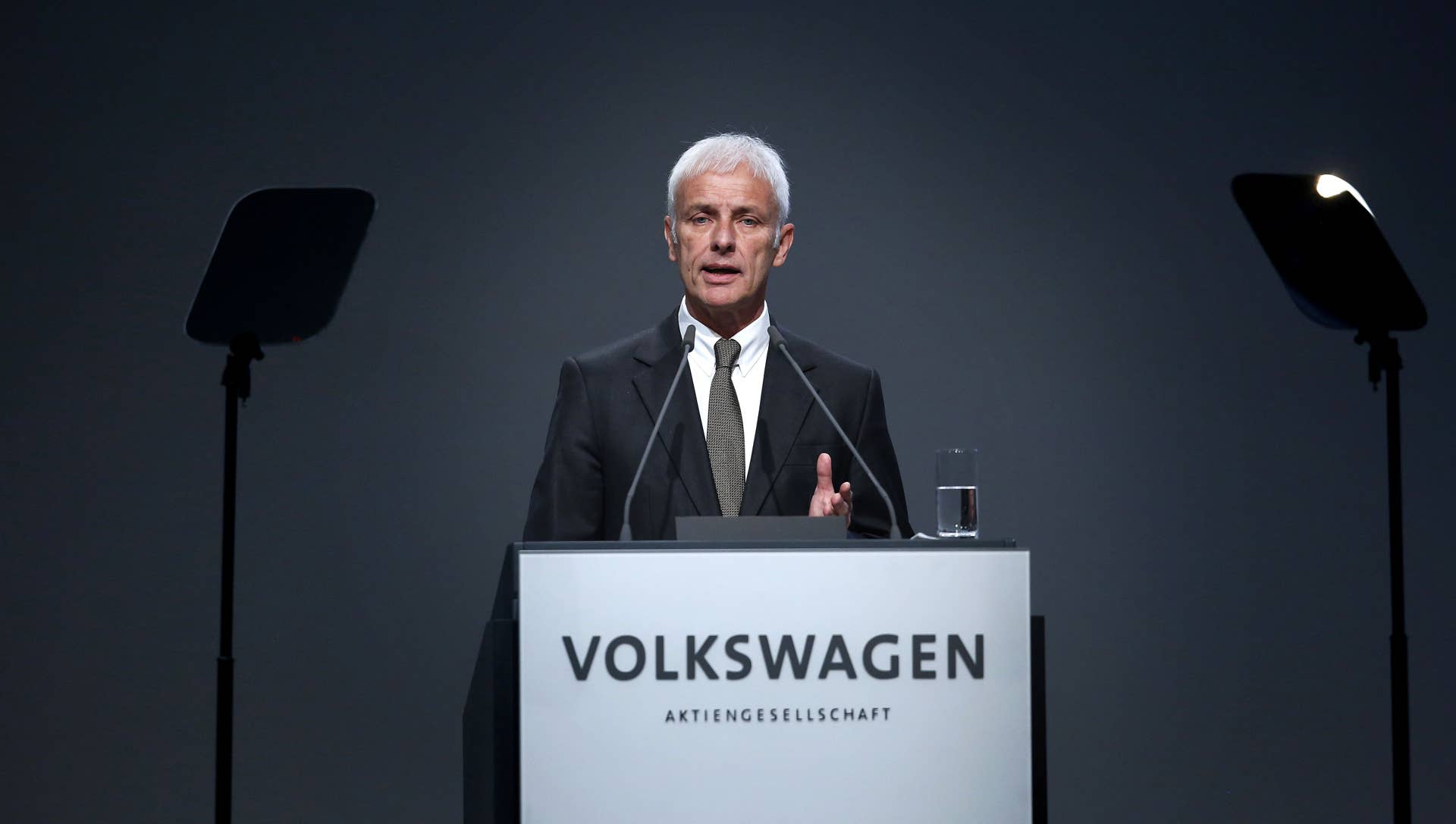 Matthias Mueller, CEO of German carmaker Volkswagen (VW), speaks during the German carmaker Volkswagen shareholders' annual general meeting on May 10, 2017 in Hanover, northern Germany. / AFP PHOTO / RONNY HARTMANN (Photo credit should read RONNY HARTMANN/AFP/Getty Images)