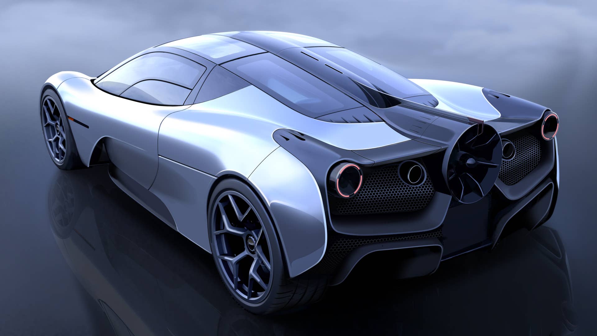 Gordon Murray Automotive T.50 supercar from rear 3/4 angle