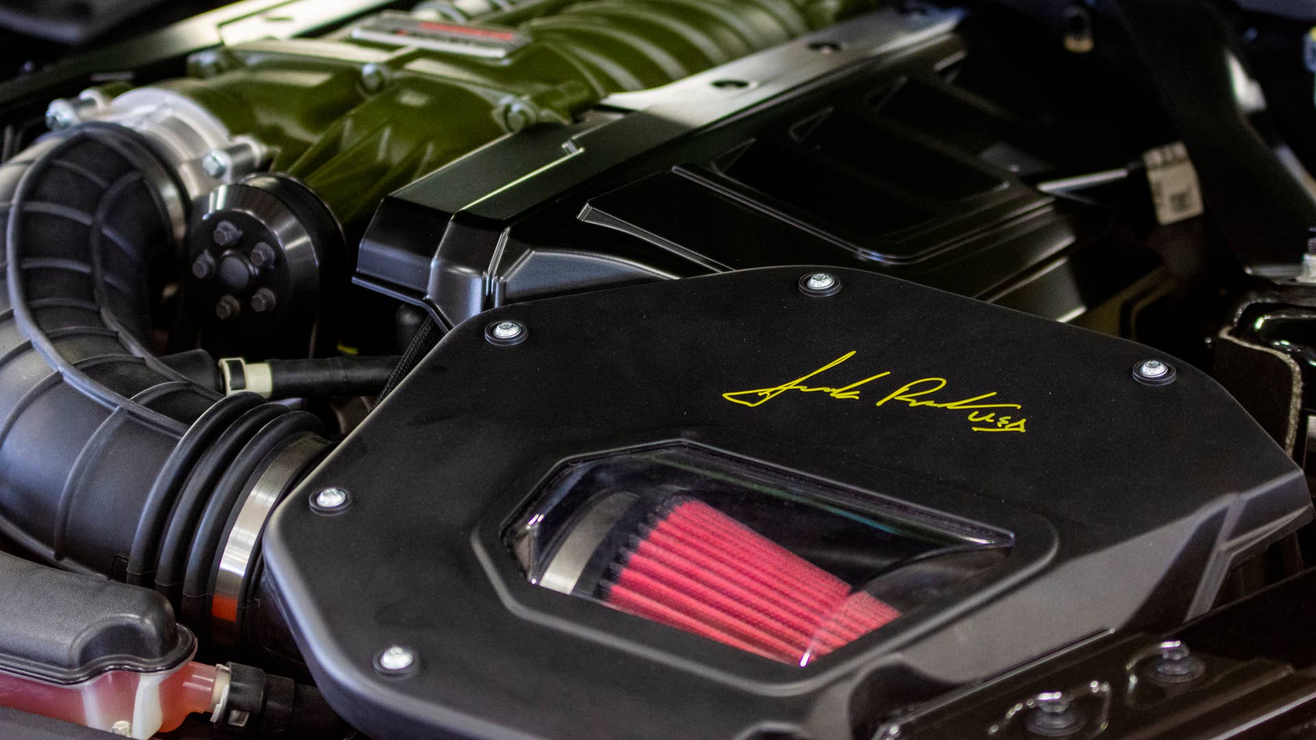 Ford and Roush Performance unveil a custom Mustang GT, inspired by U.S. Army Air Force Col. Bud Anderson, a World War II triple ace pilot, and the P-51 Mustang fighter planes he flew in combat nicknamed “Old Crow”
